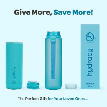 Пляшка для води Hydracy з фруктовим інфузером, 500 мл, BPA-free, із часовими мітками, герметична спортивна пляшка без конденсату, швидке пиття, для спорту та активного відпочинку, аква-синя