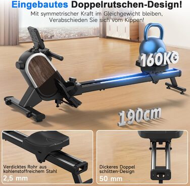 Гребний тренажер CHAOKE для дому, 2026 року, тихий магнітний, сумісний з додатком, 16 рівнів опору, покращені подвійні рейки, витримує до 160 кг (колір: коричневий)