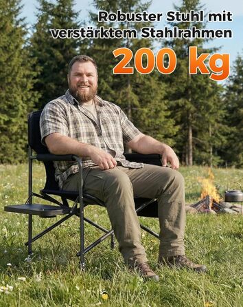Складаний кемпінговий стілець KingCamp до 200 кг з боковим столиком та кишенею, підбиті підлокітники, чорний — для рибалки, пляжу та відпочинку на природі