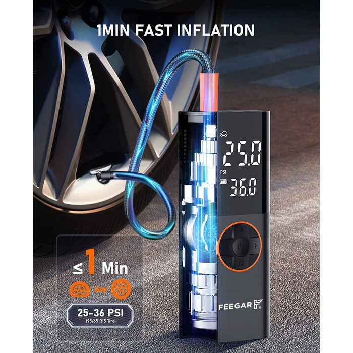 Портативний електричний компресор FEEGAR 150PSI для шин, акумулятор 7800mAh, павербанк, 12V DC, USB-C, LCD-екран, велосипедний насос з цифровою індикацією та ліхтарем