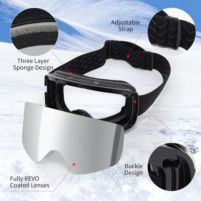 Скі-маска JQF Gear YH227 для сноуборду та лиж, унісекс. Антитуманне покриття, захист від сонця UV, регульована, з антиковзним ремінцем. Комплект з маскою та балаклавою (11-Срібло/Чорний)