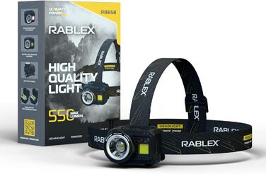 RABLEX RB658 LED-ліхтар на голову, 550 люмен, перезарядна козялка з 7 режимами, червоне світло, датчик, USB, IPX6, водонепроникний, компактний, для кемпінгу та походів