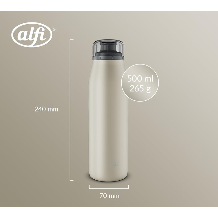 Термос-пляшка alfi ISO 500 мл бежевий, нержавіюча сталь, герметична, для газованих напоїв, BPA-free, зберігає тепло 12 годин, холод 24 години