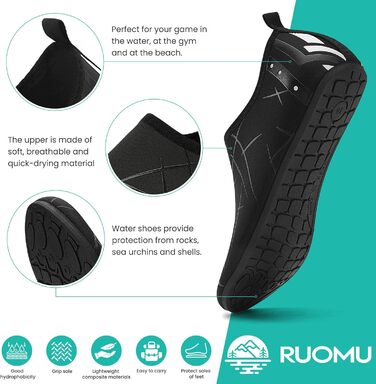 Чоботи для плавання та водних видів спорту: чоловічі та жіночі, швидковисихаючі, з антиковзким покриттям, легкі, для пляжу, басейну та серфінгу (34 EU, 857 Чорний)