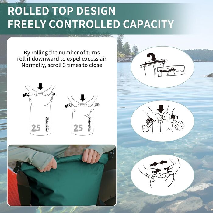 Водонепроникний рюкзак Naturehike Dry Bag 15L – Сумка-мішок для каякінгу, човнів, риболовлі, рафтингу, плавання, сноубордингу (Зелений)