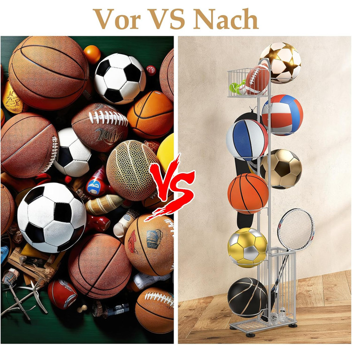 Металева стійка для м'ячів Smusei, 7-ярусна, з 2 кошиками та гачками. Організатор для баскетболу, футболу, волейболу та інших м'ячів. Сріблястий колір