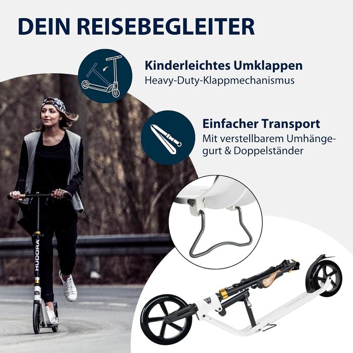 Самокат HUDORA BigWheel Style 230, алюмінієвий, складаний, великі колеса, для міста, для дорослих та підлітків, до 120 кг, білий