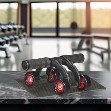 Ролер для пресу Relaxdays з 4 колесами, тренажер для дому, для жінок та чоловіків, чорний/червоний