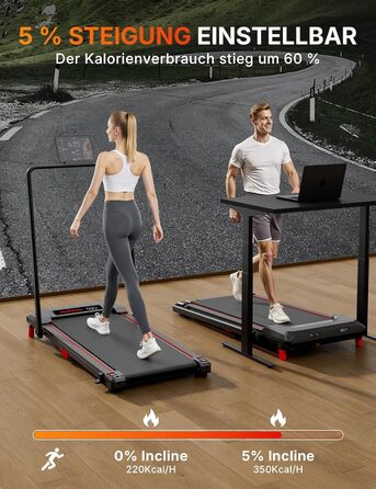 Біговий доріжки з нахилом 5%, компактний під стіл для дому та офісу, портативна бігова машина з LED дисплеєм, пульт дистанційного керування, вантажопідйомність 150 кг, 2.5HP тихий двигун (Чорний/Червоний)