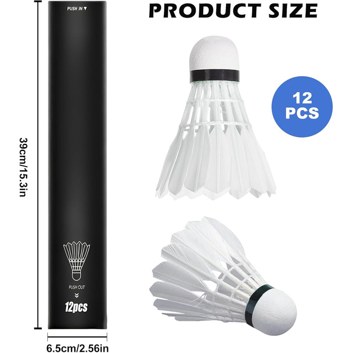 Волан для бадмінтону, 12 шт. - Натуральні пір'я, для гри в приміщенні та на вулиці, міцні та довговічні, білі