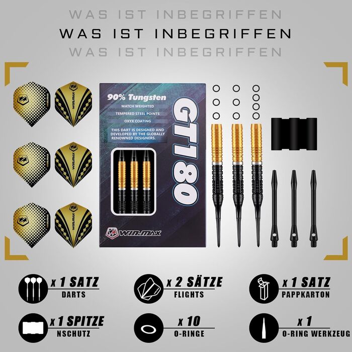 Дарти WIN.MAX Tungsten 90% (3 шт) 18г, професійні вольфрамові дротики золотого кольору