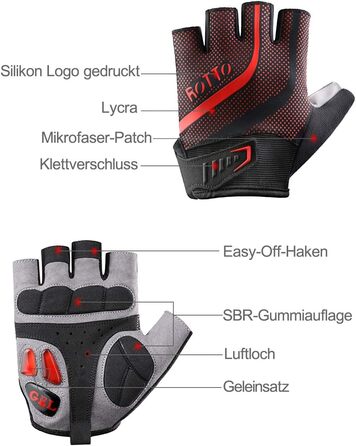 Велосипедні рукавички ROTTO MTB для чоловіків та жінок з гелевою та SBR-подушкою, B-Чорний-Червоний, XL
