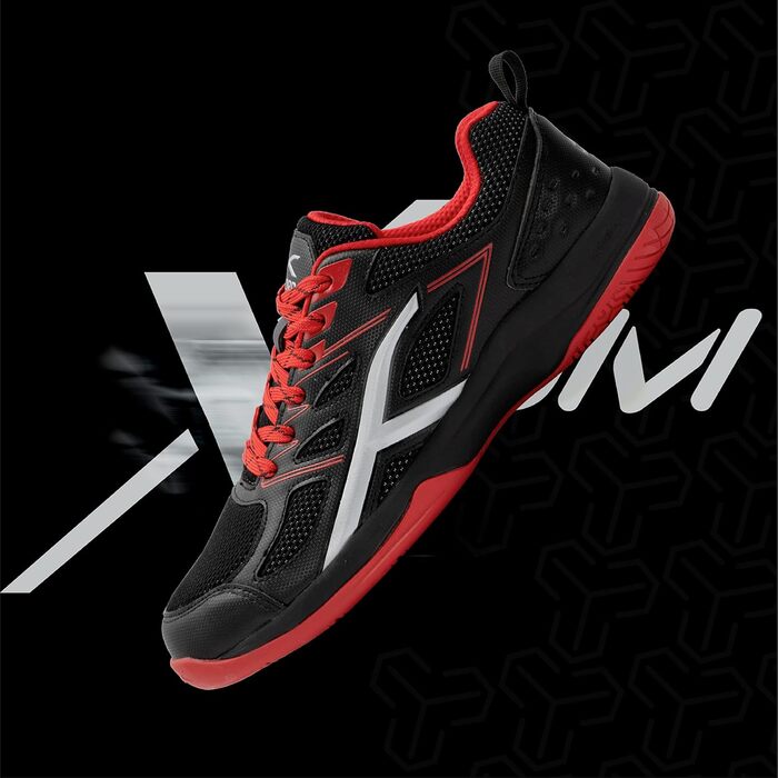Професійне бадмінтонне взуття HUNDRED Xoom для чоловіків, чорно-червоне, 40 EU. Підходить для бадмінтону, тенісу, сквошу, настільного тенісу, баскетболу та падел-тенісу. Верх: поліестер, підошва: гума.