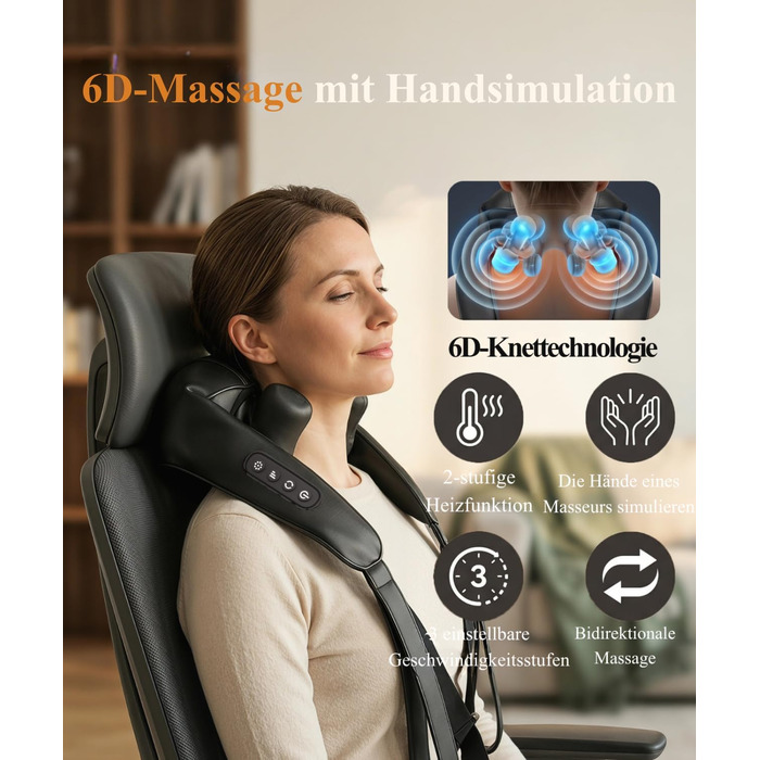 Бездротовий масажер для шиї та плечей 4D Shiatsu з підігрівом, електричний масажер для спини та м'язів, чорний