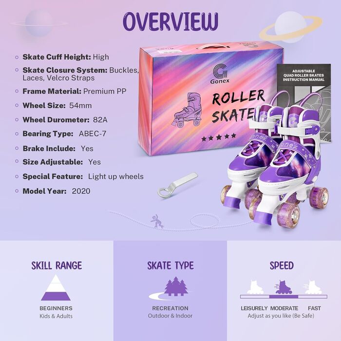 Роликові ковзани Gonex регульовані, світлові, для дівчаток, хлопчиків, дітей та дорослих. Розміри 35-42 (A-GALAXIE LILA)