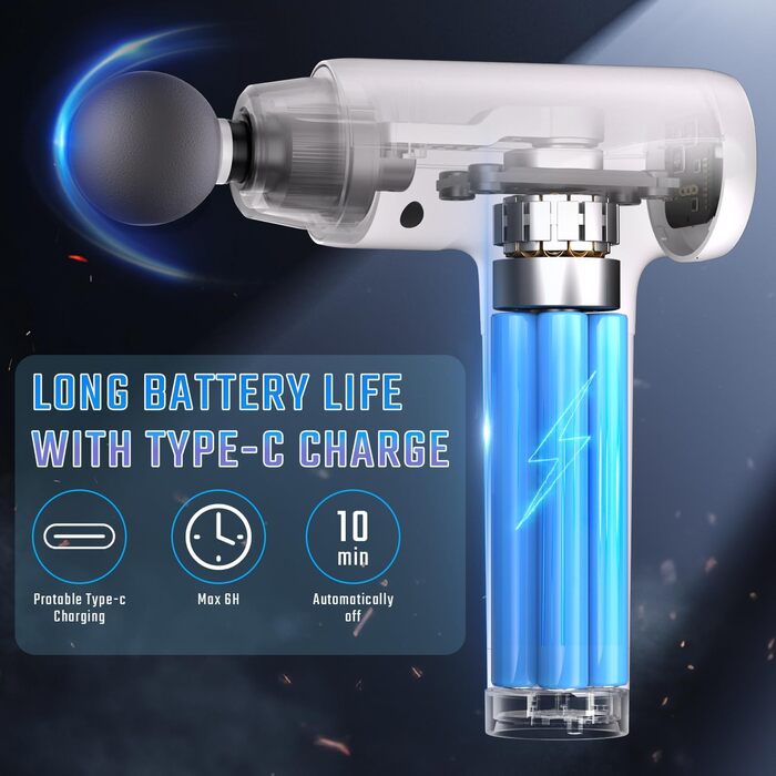 Електрична масажна пістолета з підігрівом, 20 швидкостей, 10 насадок, LED-дисплей, тиха робота (білий)