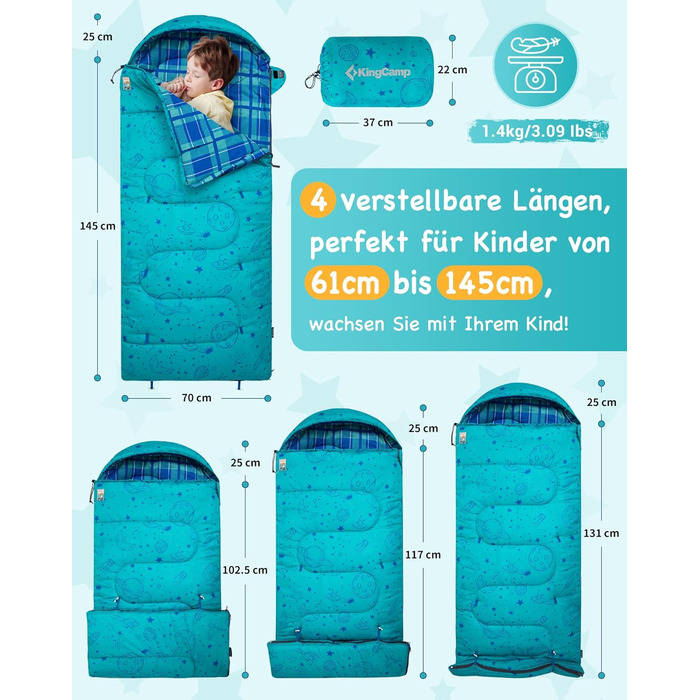 Сплячий мішок KingCamp для дітей, фланелевий, легкий, водонепроникний, компактний, зимовий, 4 сезони, для кемпінгу, підходить для дітей до 140 см, комфортна температура: 7°C, регульована довжина