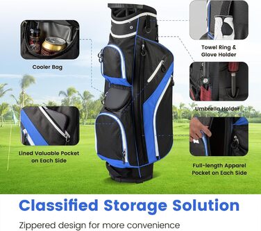 Сумка для гольфу LIFEZEAL Stand Bag з 14 відділеннями, з ременем, тримачем для напоїв, 9 кишень, холодильником, тримачем для парасольки, для чоловіків та жінок, блакитна