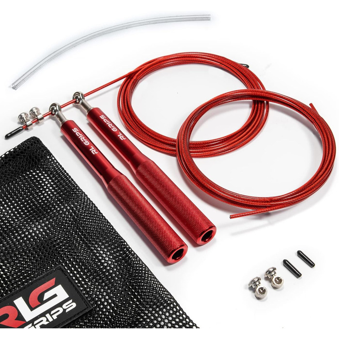 RL Grips® Скакалка для кросфіту з алюмінієвою ручкою - Скакалка з тросом 2 мм - Для кардіотренувань, фітнесу та занять у залі (Червона (Скакалка + запасні частини))