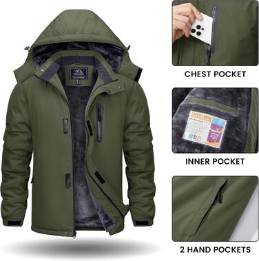 TACVASEN Зимова куртка для чоловіків, водонепроникна, тепла, флісова підкладка, софтшел, дихаюча, функціональна куртка з відстібаною капюшоном (S, армійний зелений)