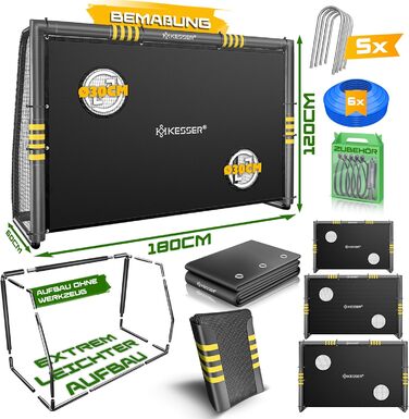 Ворота для футболу KESSER® для саду: міцні, для тренувань, з UV-стійкою сіткою, сталевий каркас з підкладкою, земляні анкери, повітряний насос, фішки, монтажні аксесуари для дітей та дорослих 180 см - з ворітною рамою антрацитового кольору