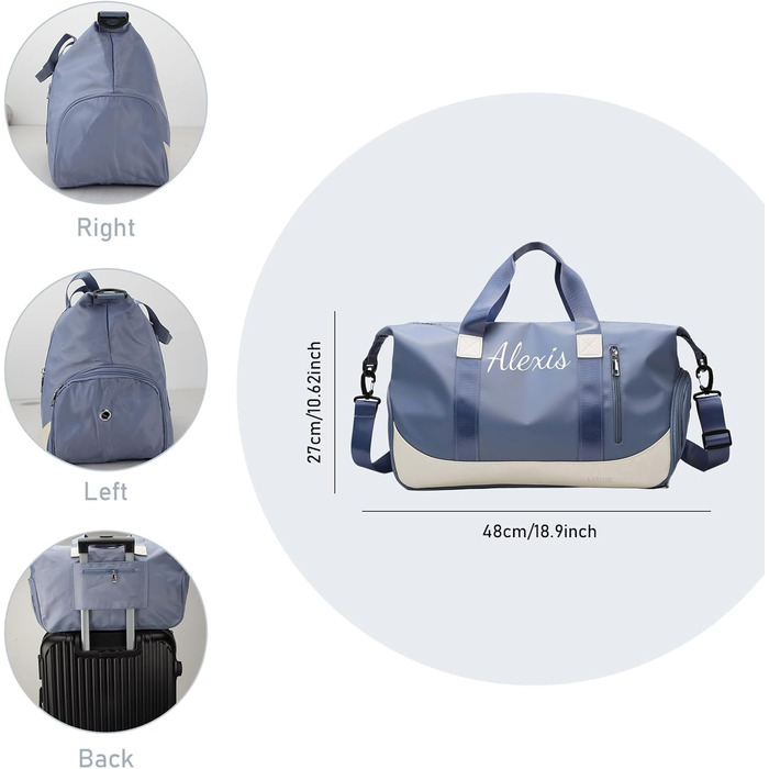 Персоналізована спортивна сумка для залу з вишивкою, жіноча дорожня сумка 35Л з відділеннями для взуття та вологих речей, синя