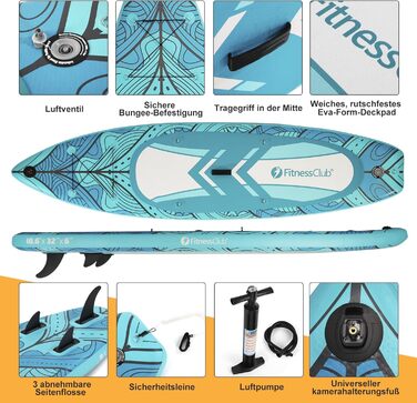 Надувна SUP-дошка Fitnessclub 305/320 см з веслом, універсальним кріпленням для камери, повним комплектом аксесуарів, зелена/синя – для всіх рівнів