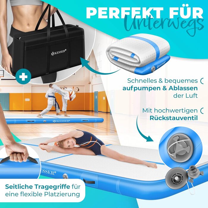 Надувна гімнастична матка KESSER® Airtrack 2м/3м/4м/5м/6м | Килимок для фітнесу, йоги, акробатики | з сумкою та електропомпою | Мінт-зелений (блакитний)