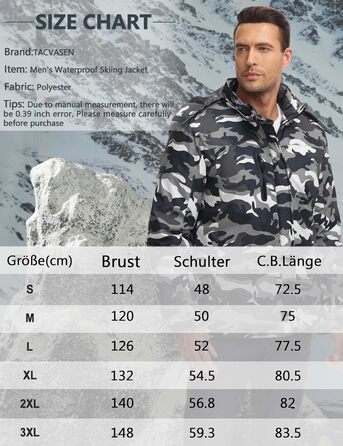 TACVASEN Куртка зимова чоловіча водонепроникна тепла, флісова підкладка, софтшелл, дихаюча, функціональна з відстібною капюшоном (3XL, Чорний камуфляж)