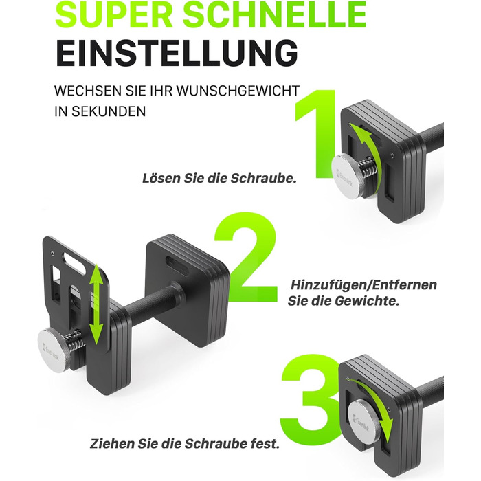 Eisenlink Регульована квадратна штанга (гантель) 1 шт. 20 кг / 36 кг - Інноваційна компактна регульована гантель з антиковзним руків'ям для фітнесу, тренувань у залі та вдома. 1 шт. 16 кг (1×16 кг)