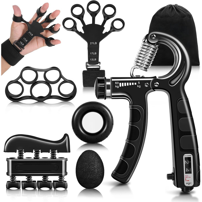 Набір для тренування рук Flintronic: тренажер зап'ястя з лічильником, регулювання ваги 5-60 кг, тренажер пальців для фітнесу, альпінізму, силових тренувань та реабілітації. Оранжевий (5 шт.) та чорний (5 шт.)
