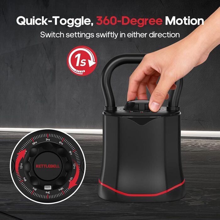 Кетлбел HXD-ERGO 6-в-1 регульований (3-18 кг) з швидкою зміною ваги, широким грифом, компактний для дому та тренажерного залу (чорний/червоний)