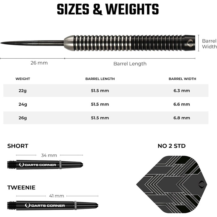Набір дротиків Darts Corner BlackFin з високоякісного 90% вольфраму, прямий стальний стрижень, 6 оперень, 6 стрижнів, карта Checkout і футляр, 22 г, 24 г, 26 г