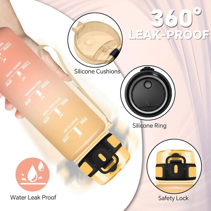 Спортивна пляшка для води 1 літр з міткою часу, витокозахисна, для велосипеда, школи, офісу, фітнесу (500 мл, бурштиново-помаранчевий)