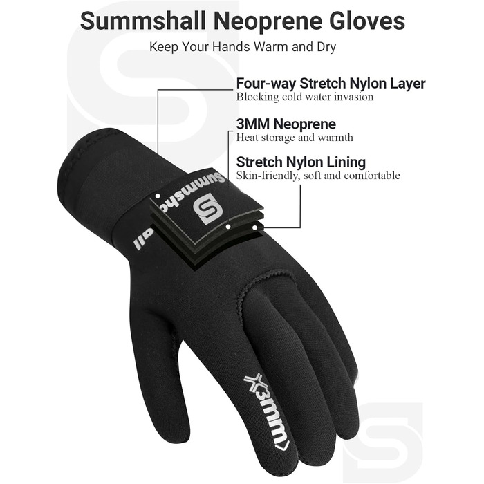 Рукавички з неопрену Sushall для чоловіків, 3 шт. - водолазні рукавички для дайвінгу, серфінгу, снорклінгу (L, чорний)