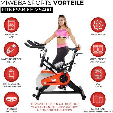 Професійний велотренажер Miweba Sports MS400 для дому, 22 кг маховик, навантаження до 150 кг, безступінчасте регулювання, вимір пульсу, спін-байк, ергометр