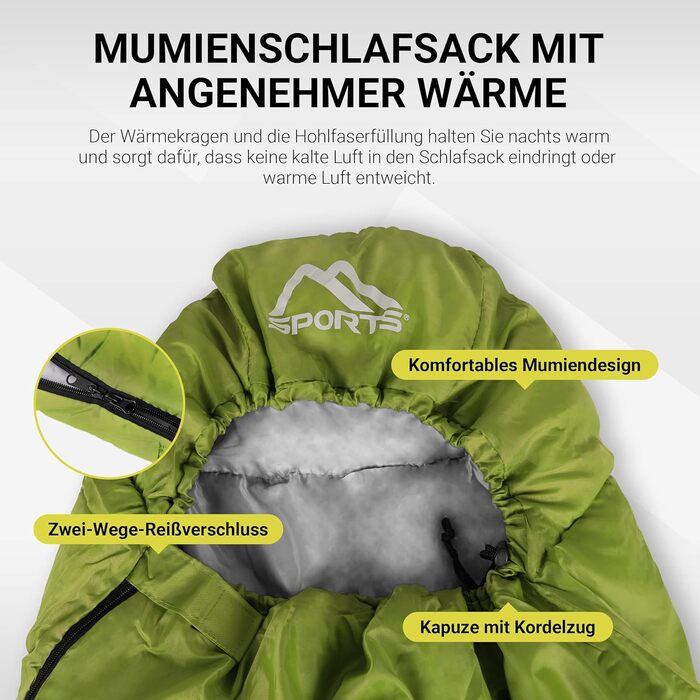 Спальний мішок MSports Premium Outdoor з ременем для перенесення - вибір на весну/літо (200GSM) або осінь/зима (300GSM) - теплий мумієподібний спальник для кемпінгу, подорожей, фестивалів - оливковий, 300 GSM