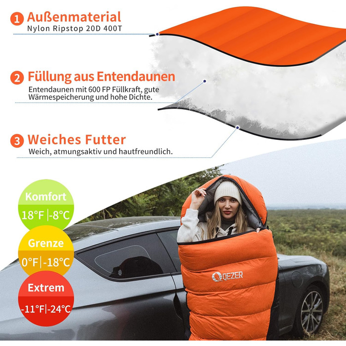 Сплячий мішок пуховий, зимовий, 600FP+, 12°C до -24°C, легкий та теплий, для 3-4 сезонів, кемпінг, трекінг, походи, оранжевий