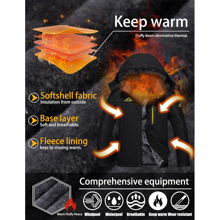 TACVASEN Чоловіча тепла зимова куртка з капюшоном, водонепроникна, чорна