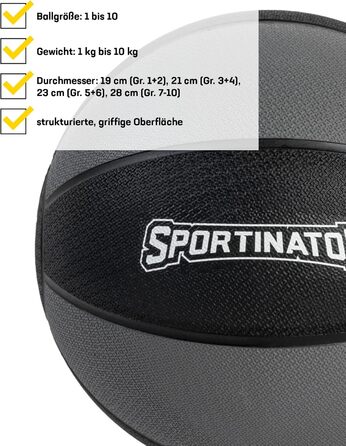 Медичний м'яч SPORTINATOR сірий/чорний, 9 кг, для силових і функціональних тренувань, з маркуванням ваги