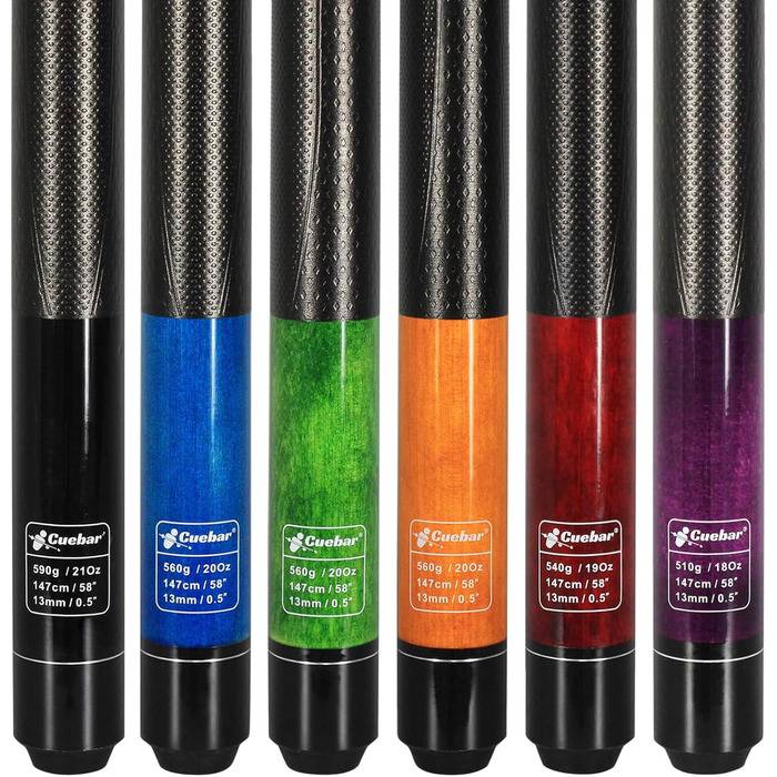 Набір київ для більярду CUEBAR 6 шт., киї 45,7 см, 50,8 см, 595,3 г. Киї для більярду з 3D-рукояткою, 147,3 см для чоловіків та жінок. Кольори: фіолетовий, червоний, зелений, блакитно-зелений, синій, чорний