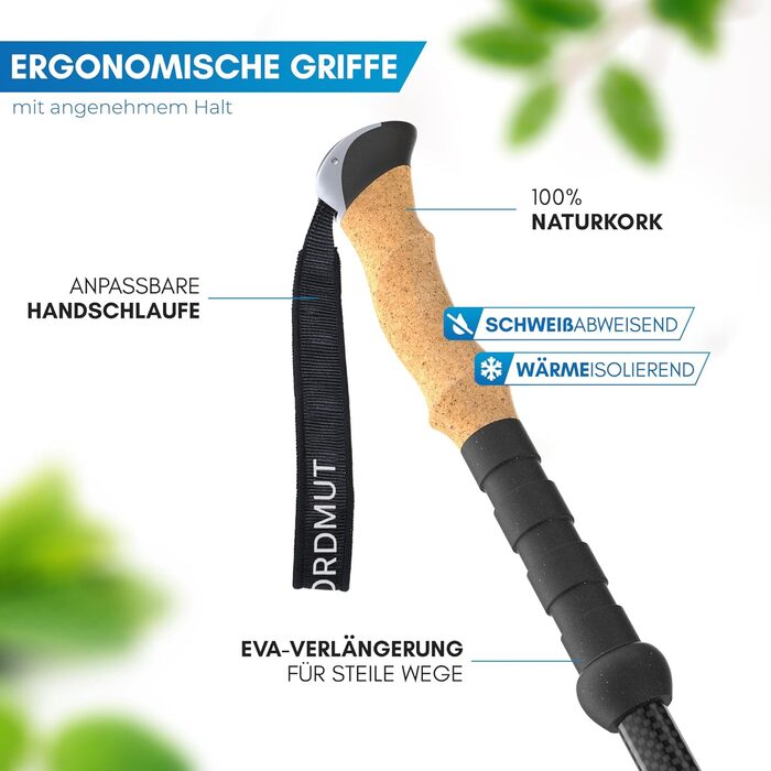 Складні трекінгові палиці NORDMUT® з карбону або алюмінію - регульована висота 1,50м/1,65м - ергономічні ручки, компактні, міцні