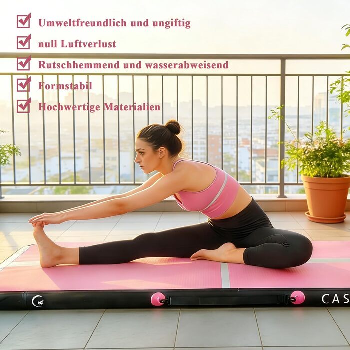 Гимнастичний надувний мат Airtrack CASSILANDO для тамблінгу та йоги, матовий, 400 x 100 x 10 см (Рожевий/Чорний) з насосом