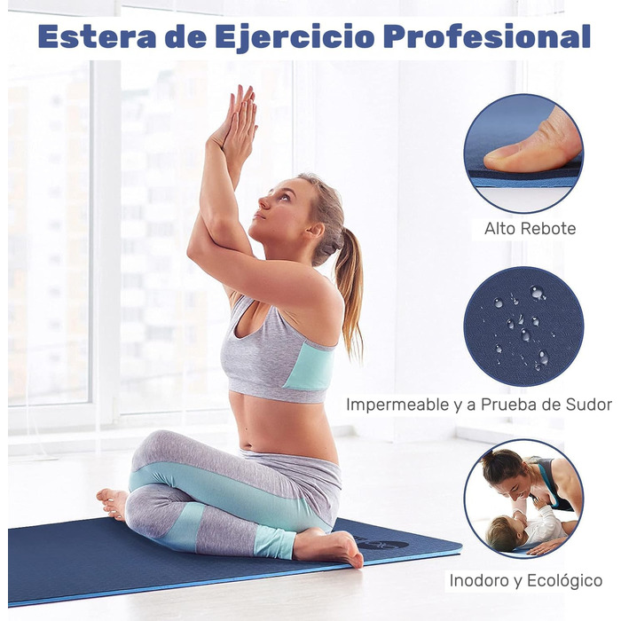 Килимок для йоги з TPE, 183x61 см, 6 мм, неслизький, для йоги, пілатесу, фітнесу, реабілітації, синій
