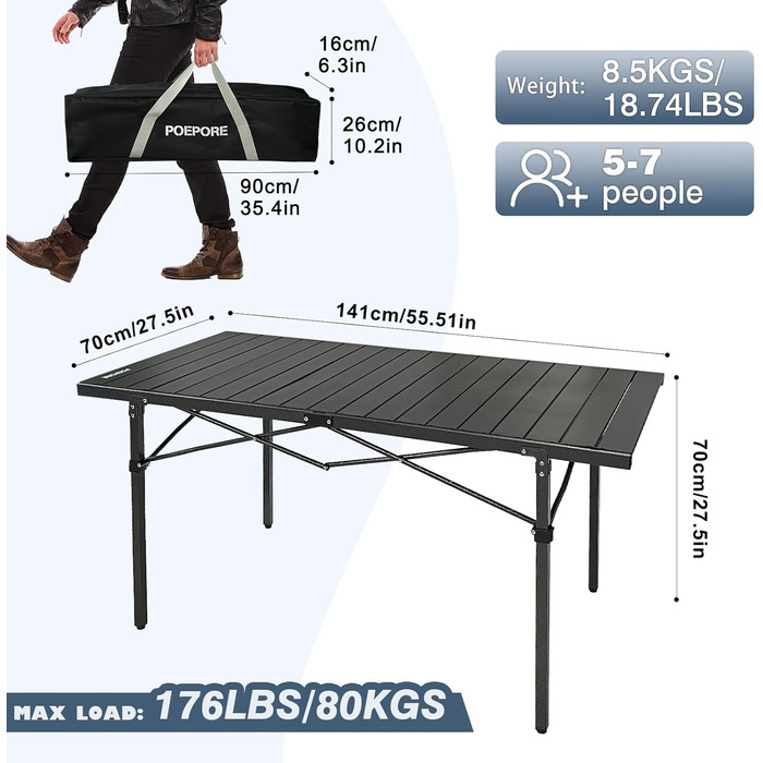 Стіл для кемпінгу Poeopore, розкладний, алюміній, великий, на 4-6 осіб, чорний, 140 x 70 x 70 см