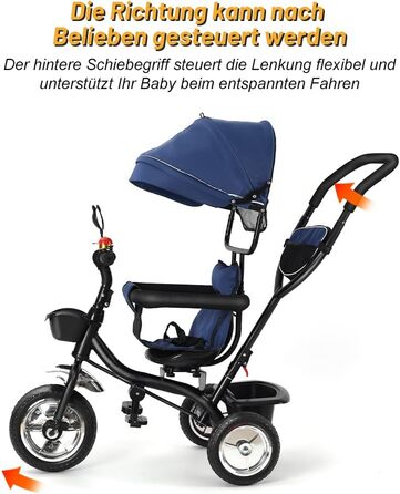 Триколісний велосипед 4 в 1 для дітей від 1 року з батьківською ручкою – дитячий триколіс для 1-4 роки до 25 кг, регульована батьківська ручка, поворотне сидіння, складна тентова система та кошик – компактний та безпечний (Темно-синій)