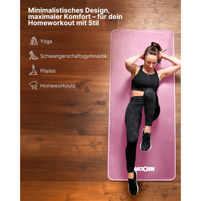 NEOLYMP Fitness Mat - Товста та неслизька фітнес-мат з E-book та ремінком - для йоги, пілатесу, тренувань (Рожева, 61 см)