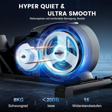 Еліпсоїдний тренажер для дому, ультратихий магнітний тренажер з 16 рівнями опору, 8 кг маховик, 42 см довжина кроку, LCD-монітор, датчик пульсу, максимальна вага користувача 150 кг, чорний колір, LCD монітор (Classic)