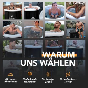 Тонна для криотерапії Amonax Eisbaden: портативна ванна для холодової терапії з термометром, кришка та покриття, чорний колір