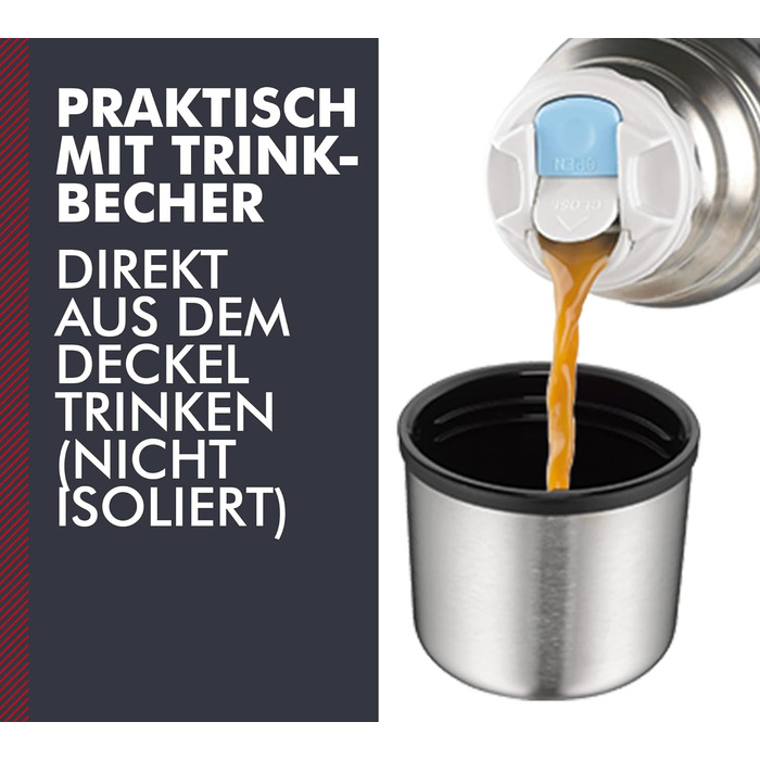 Термос Thermos Light & Compact 1 л, нержавіюча сталь, ізольована пляшка з чашкою, червоний, тримає тепло 12 годин / холод 24 години, герметичний, без BPA, підходить для миття в посудомийці
